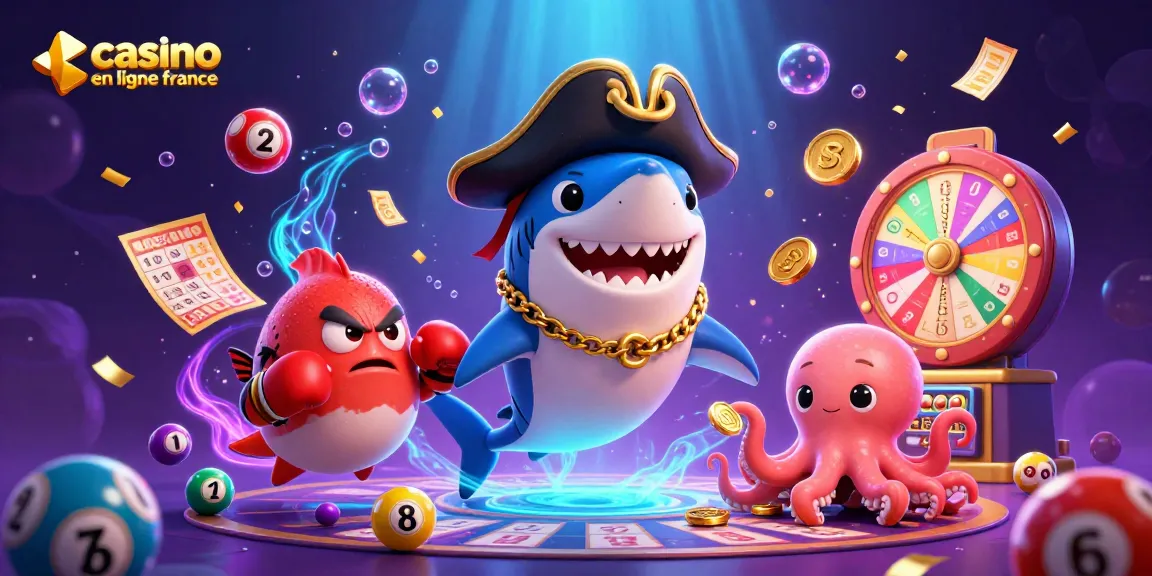 Jouez à un casino en ligne en France avec notre illustration d'un requin pirate, un poisson-globe et un bébé pieuvre.