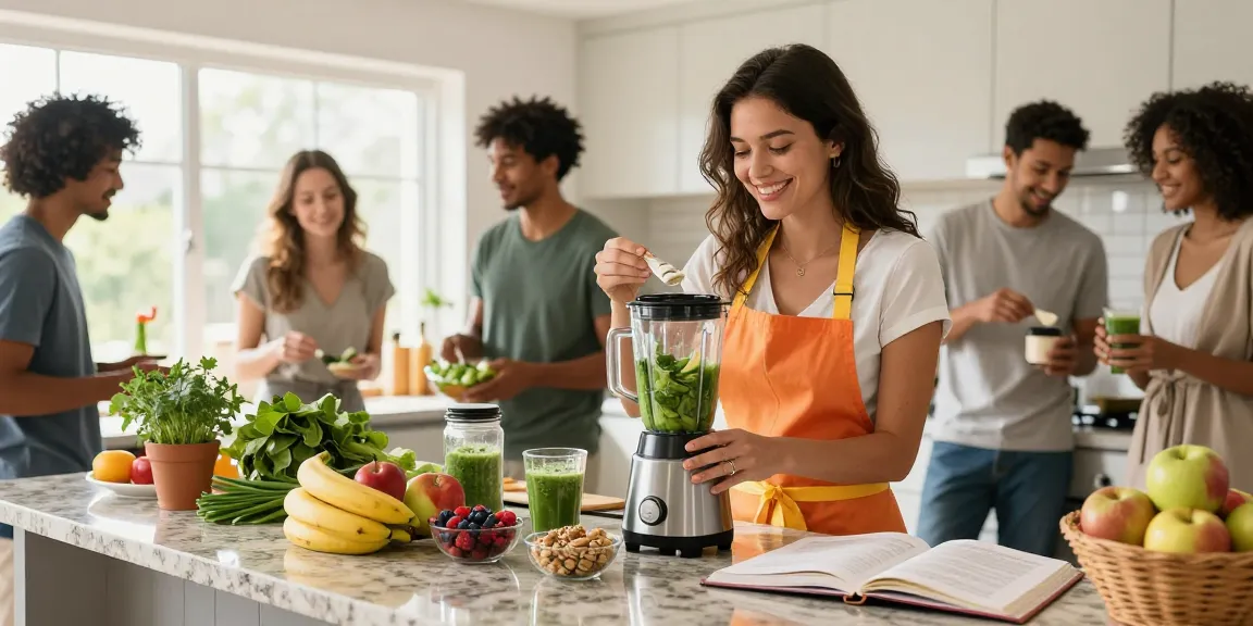 Making nutritious smoothies with made in Canada supplements in a vibrant kitchen