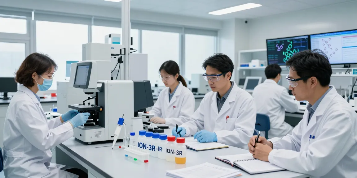 Scientists examining ION-3R peptide samples in a modern research lab.