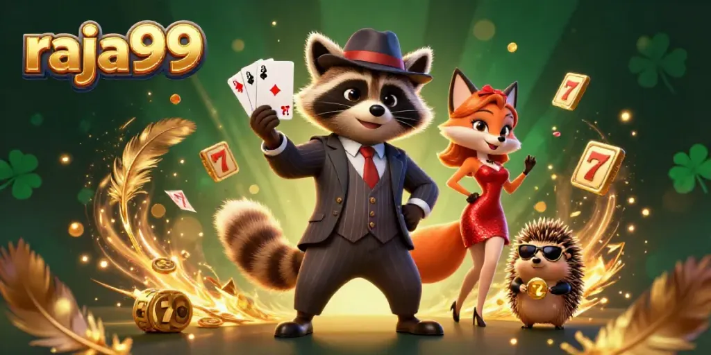 Experience rich casino action with raja99, featuring a suave raccoon, a glamorous fox, and a bouncer amidst slot symbols.