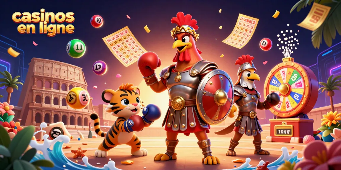 Découvrez les casinos en ligne avec un coq gladiateur et un tigre dans une scène dynamique.