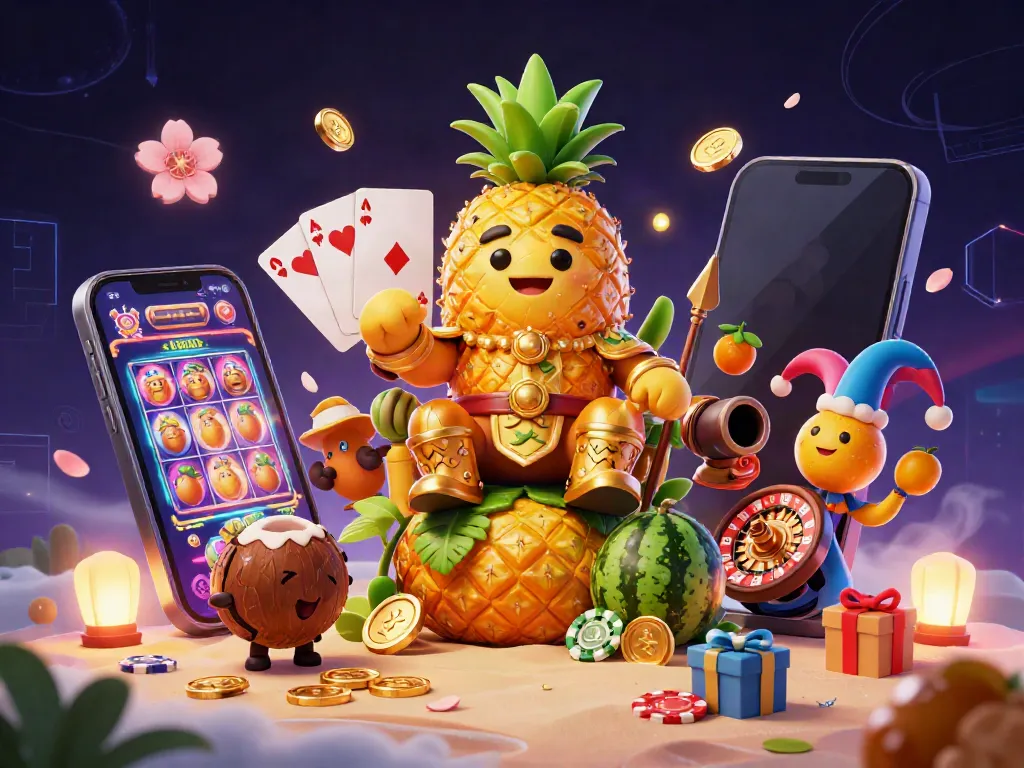 Engage with thrilling slot games featuring a golden pineapple king, vibrant casino elements, and dynamic action.