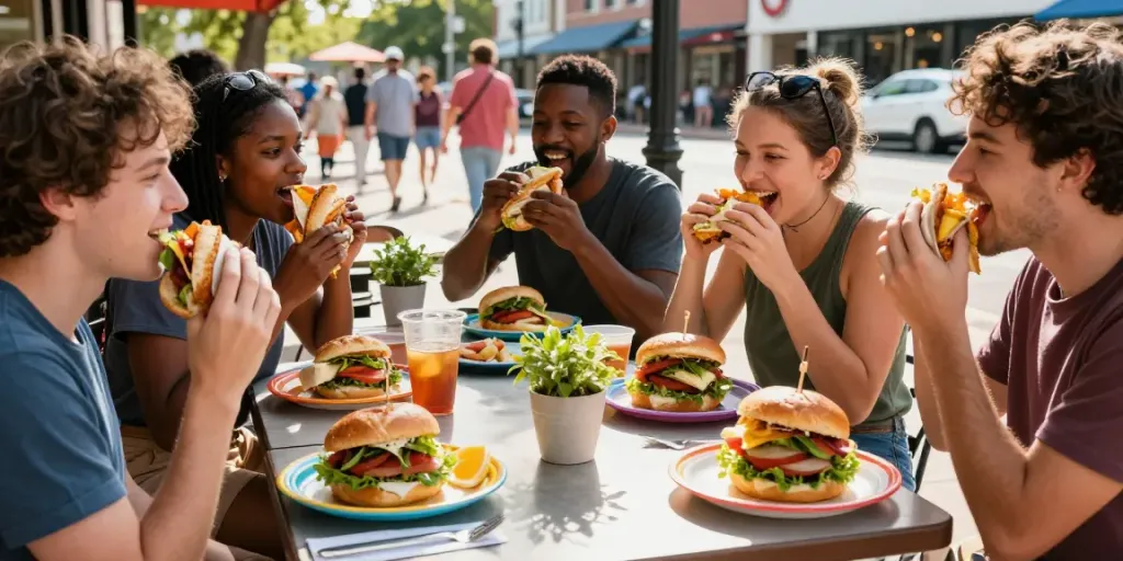 Enjoying the best breakfast Austin has to offer with NYC-inspired sandwiches in a lively outdoor setting.