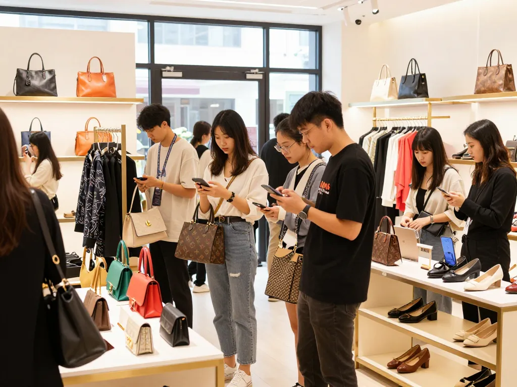 Shoppers exploring high-quality 레플리카 products in a stylish boutique