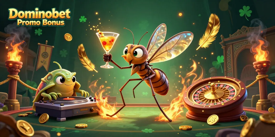 Experience the thrill of the Dominobet Promo Bonus with a vibrant 3D scene featuring a casino mascot and interactive elements.