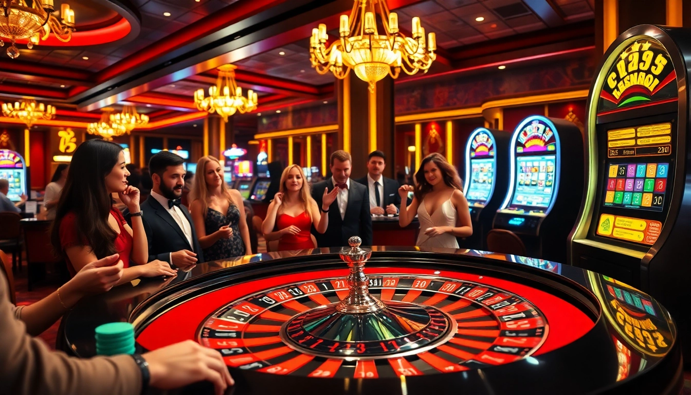 Scène excitante de table de roulette illustrant les meilleurs casinos en ligne avec des joueurs dynamiques et des jetons tourbillonnants.
