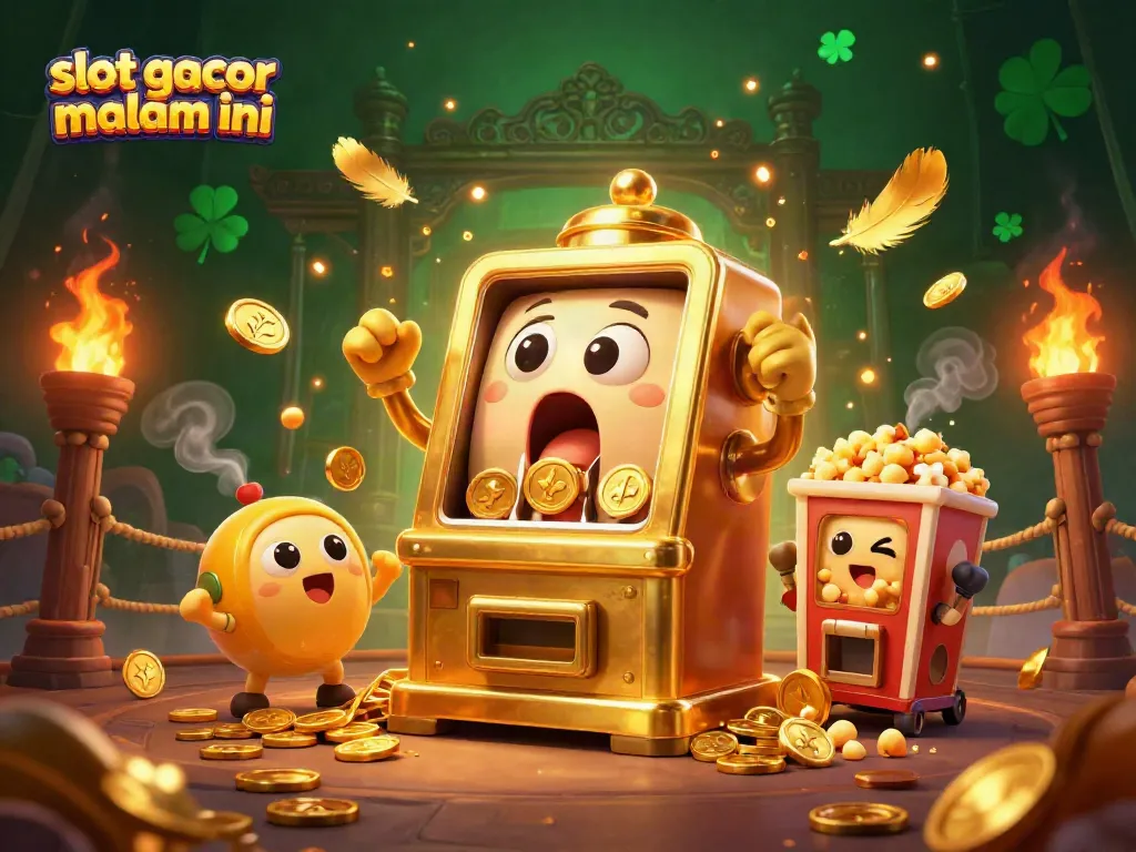 Slot gacor malam ini: Mesin slot emas lucu jackpot dikelilingi koin dan elemen kasino.