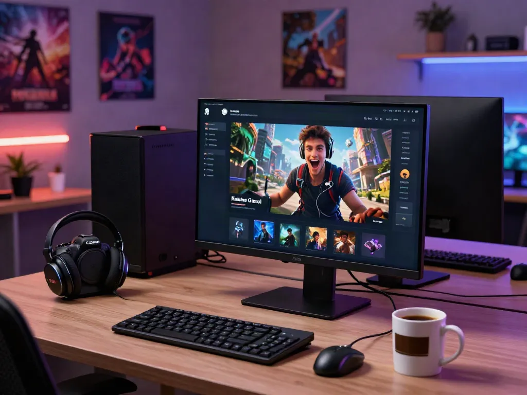 Gamer menggunakan JPTOTO dengan link alternatif jptoto di laptop, suasana nyaman dengan aksesori gaming.