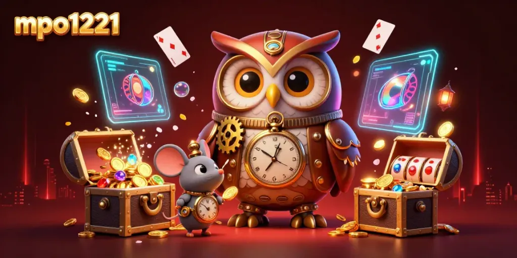 Experience the thrill of mpo1221 with slot reels and colorful characters in a vibrant 3D casino illustration.