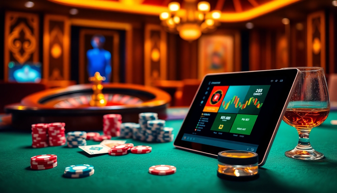 AF88 casino night featuring poker chips, cards, and roulette wheel excitement.