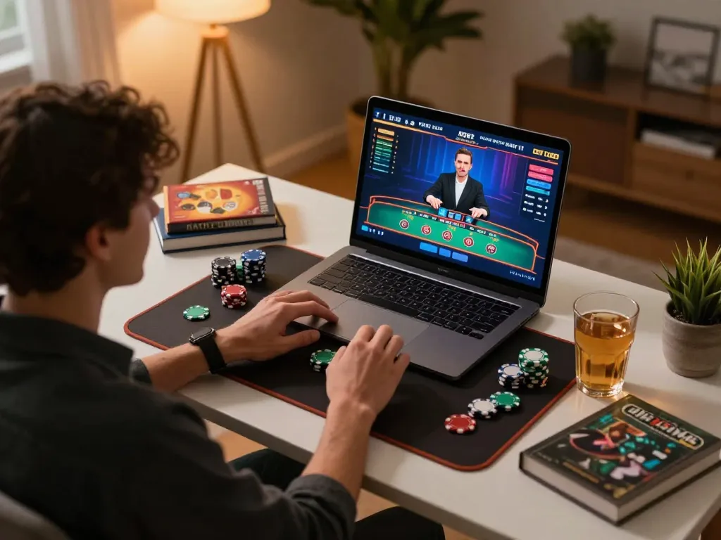 Player engaging with live blackjack game on laptop showcasing MB66 features in a cozy home setting