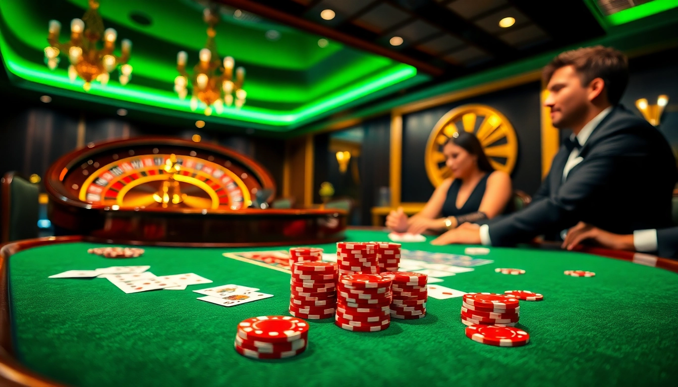 Experience the thrill of idn poker with vibrant chips and players at a dynamic casino table.
