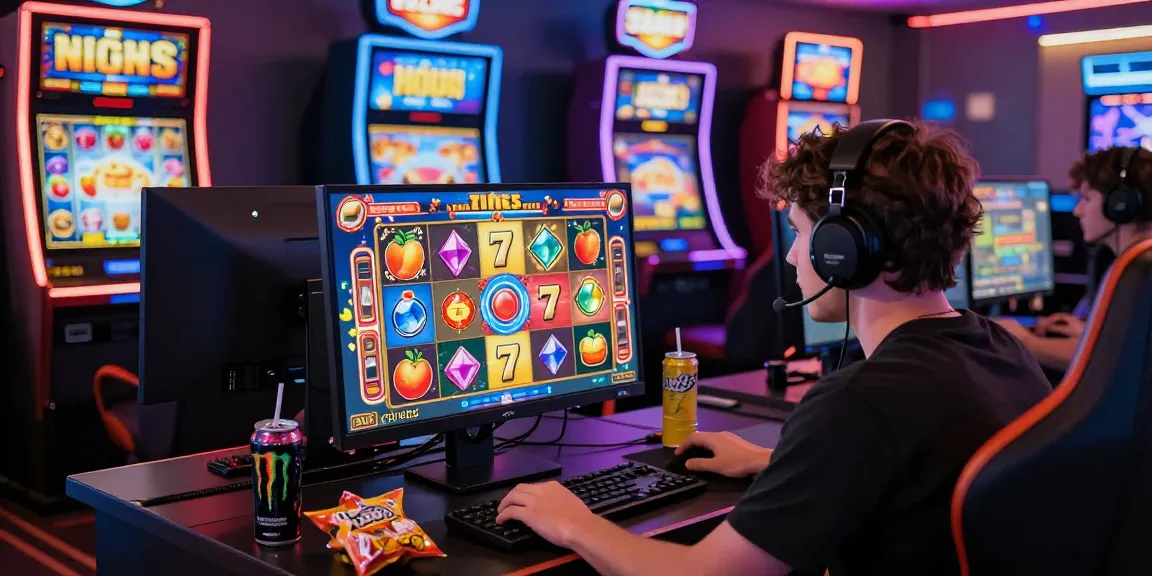 Engaging gamer at desktop immersed in slot depo 1000 game, jackpot excitement.