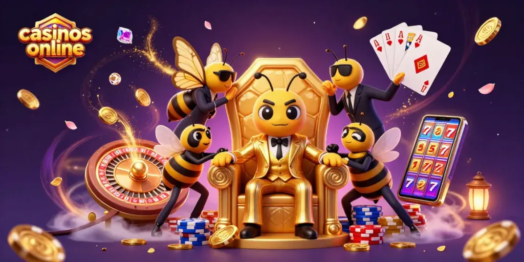 Gana en casinos online mientras los personajes juegan con fichas y cartas en un ambiente vibrante.
