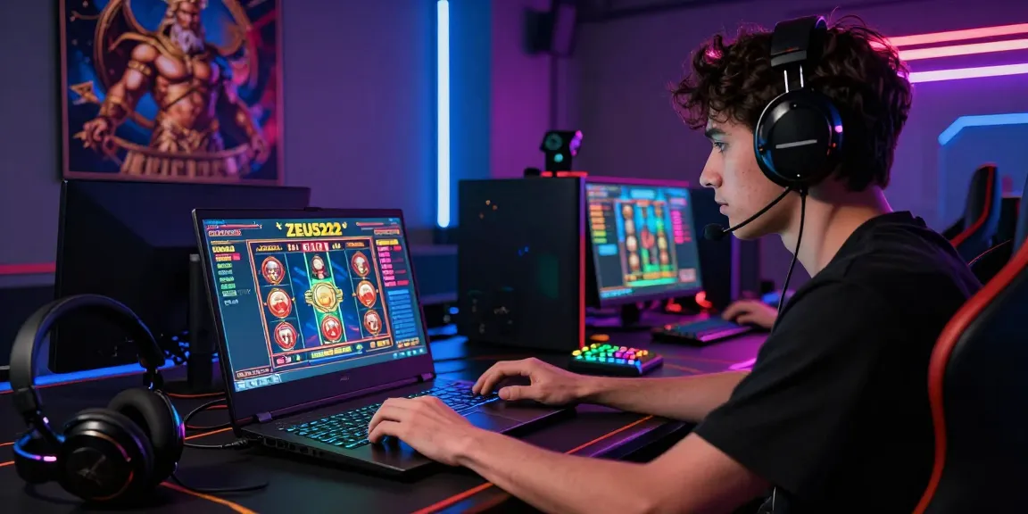 Intense online gaming experience with ZEUS222 slot game interface and vibrant neon illumination