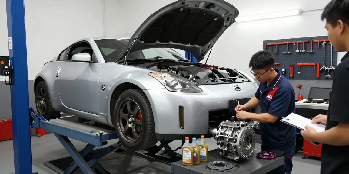 Mechanic examining a CD009 transmission in a Nissan 350Z workshop