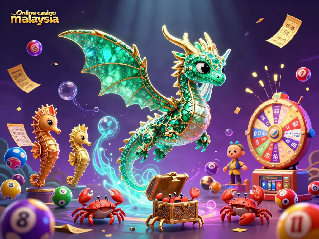 Experience the excitement of online casino malaysia with a vibrant, lively 3D illustration featuring a sea dragon and colorful gaming elements.