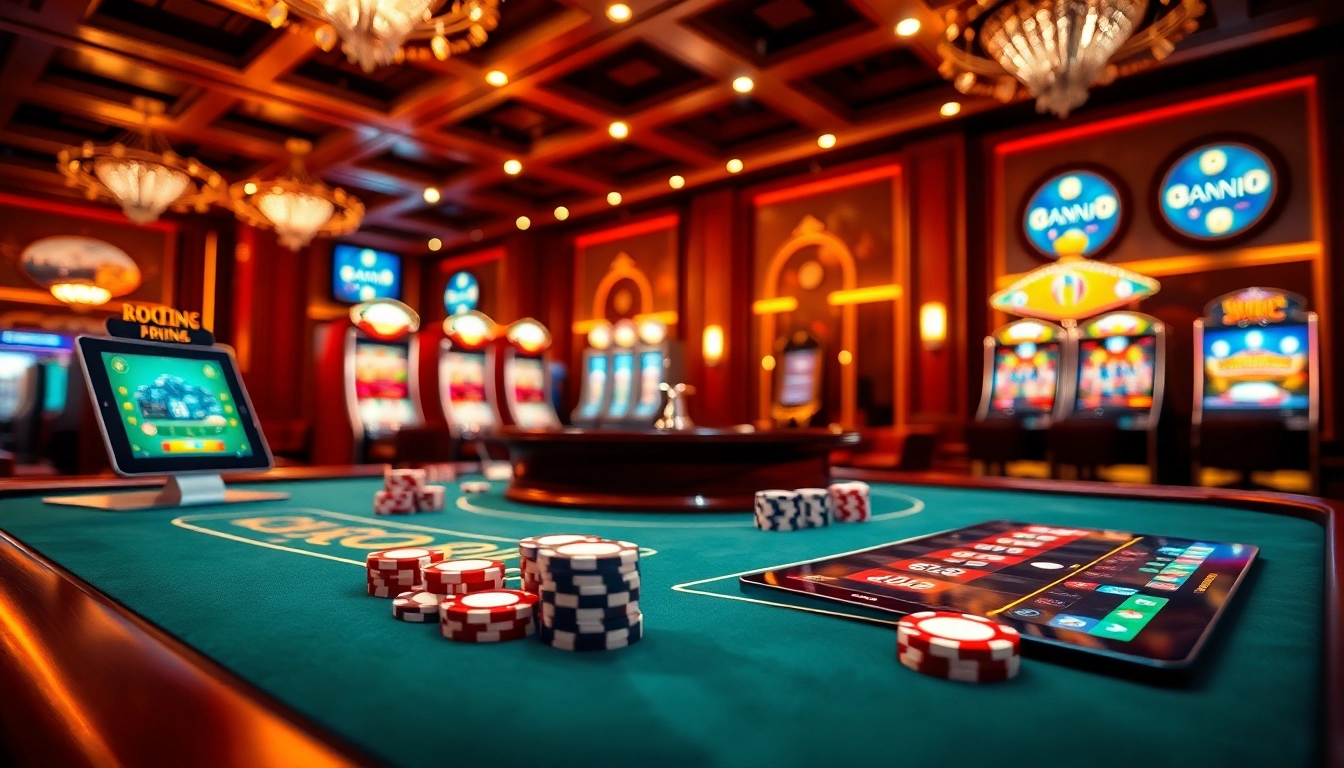 Adegan perjudian yang menarik menampilkan kegembiraan bermain Kit4D dengan chip poker dan mesin slot.