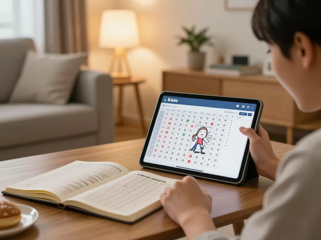 Engaging live draw hk lotto moment with tablet displaying results in a cozy home setting.