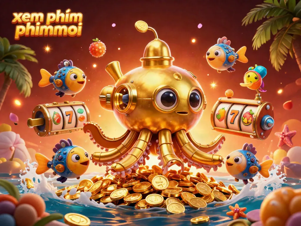 Experience xem phim online phimmoi in a vibrant 3D casino scene with golden kraken, coins, and slot elements.