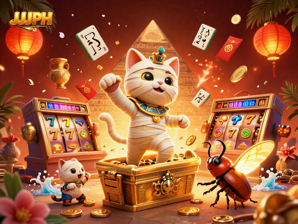 Experience thrilling wins at JJJPH casino with an Egyptian mummy and scarab in a vibrant illustration.
