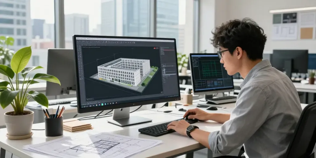 ArchiCAD drafting services in a bright architectural studio with a technician working on 3D building models.