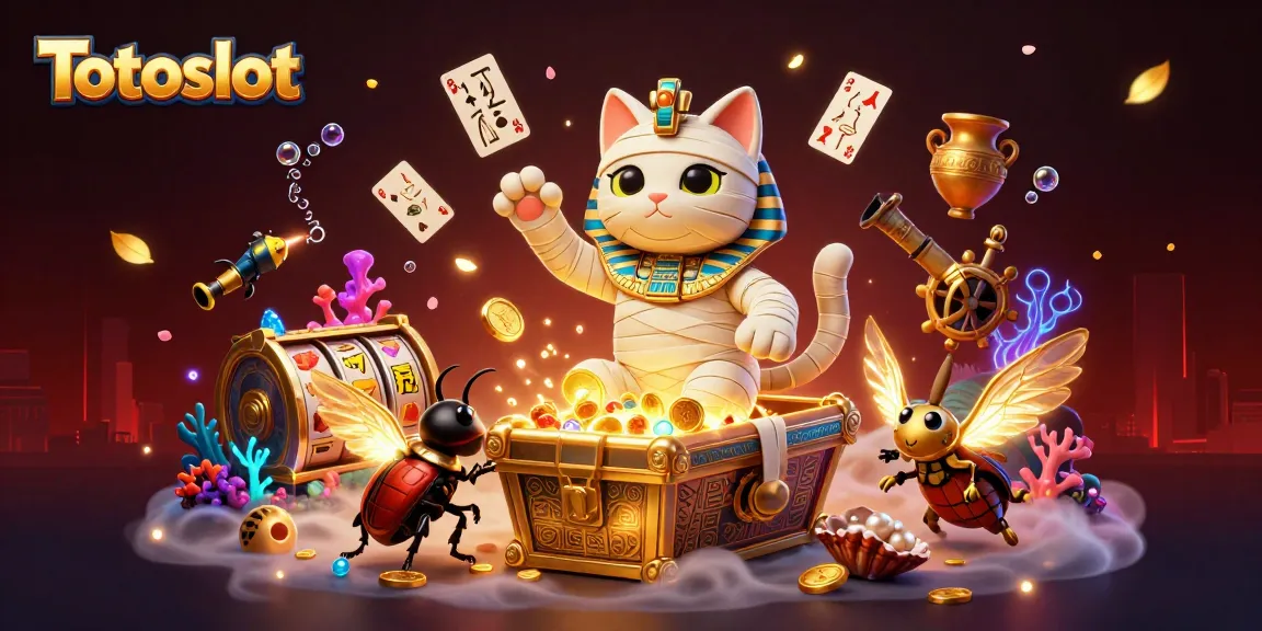 Gambarkan Totoslot dengan kucing mummy yang mengeluarkan slot dan simbol keberuntungan di kasino piramida
