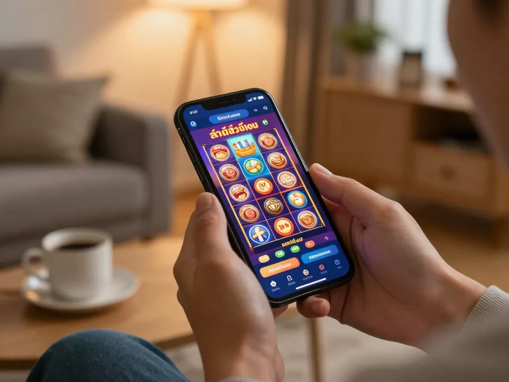 Playing สล็อตวอเลท on smartphone in a cozy living room, creating an exciting gaming atmosphere.