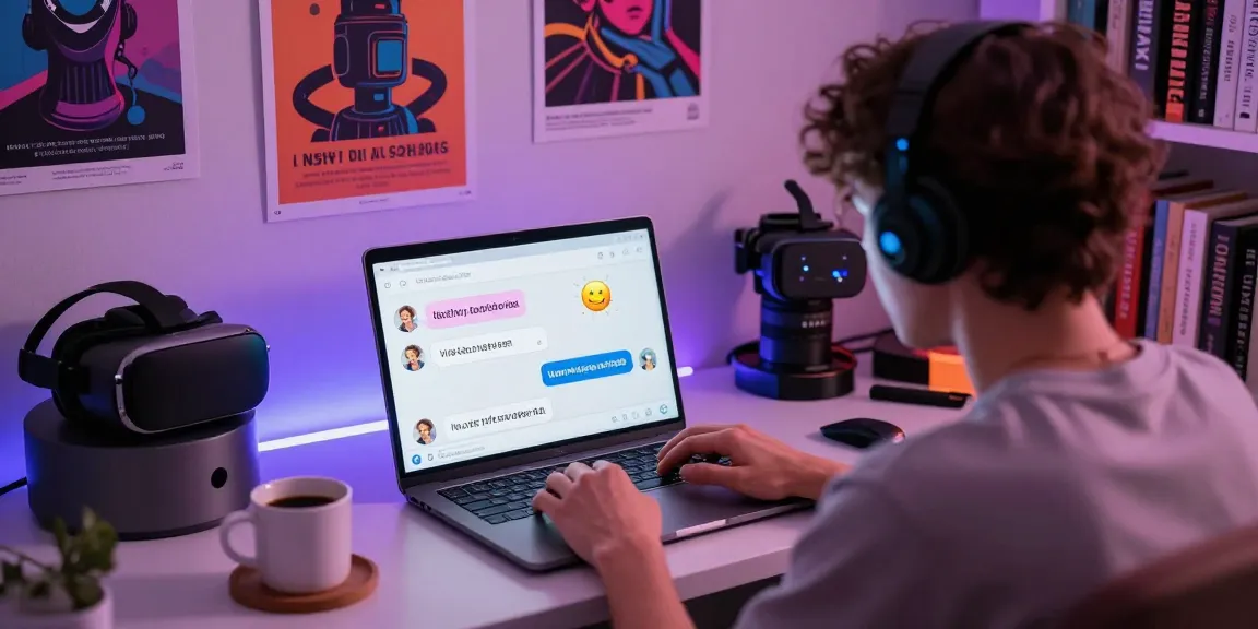A person engaging with an NSFW AI chatbot in a stylish room filled with tech gadgets and vibrant decor.