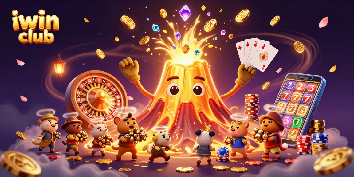 Spin to win with iwin club in this vibrant 3D illustration of a golden volcano erupting treasure!