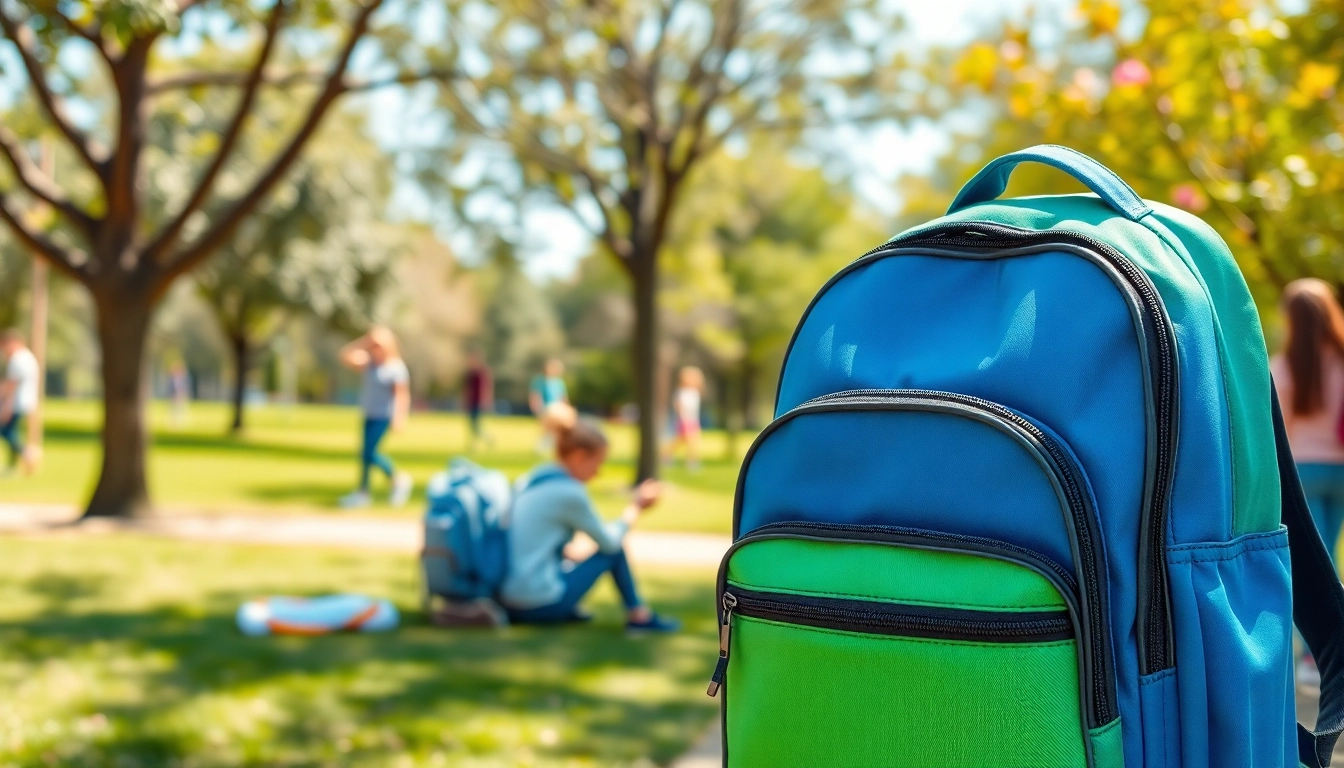 Modische Handtasche für Schulen mit mehreren Fächern im Freien präsentiert