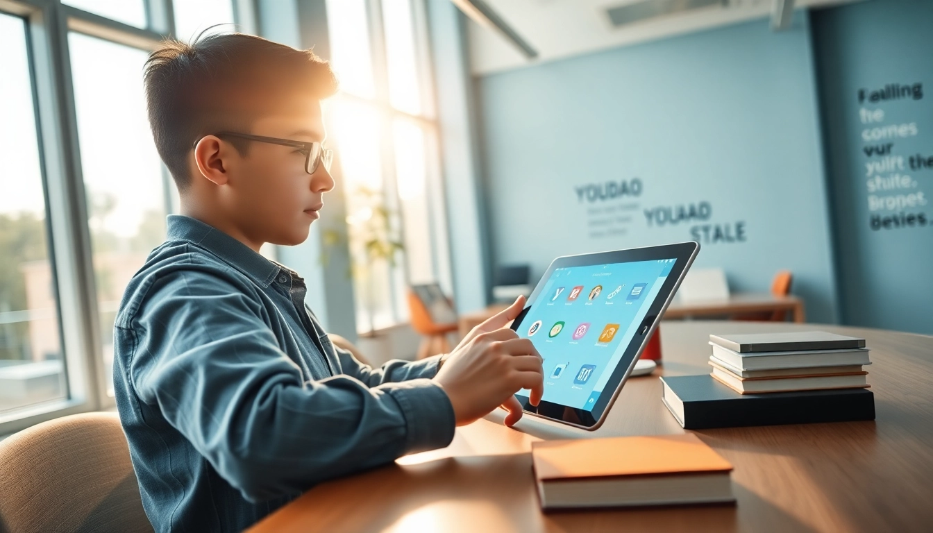 Youdao app in a modern learning environment with a student engaged in digital education.