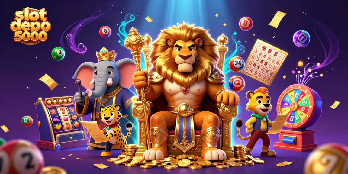 Win big with slot depo 5000; features vibrant scenes with slot machines and dynamic characters.
