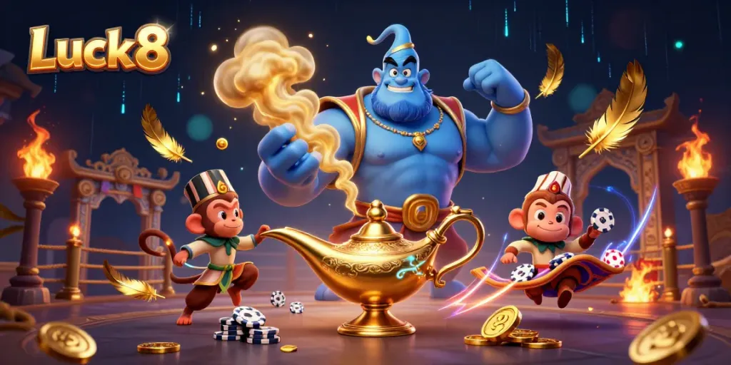Engage with Luck8's thrilling casino experience featuring a vibrant scene with genies, poker chips, and magical elements.