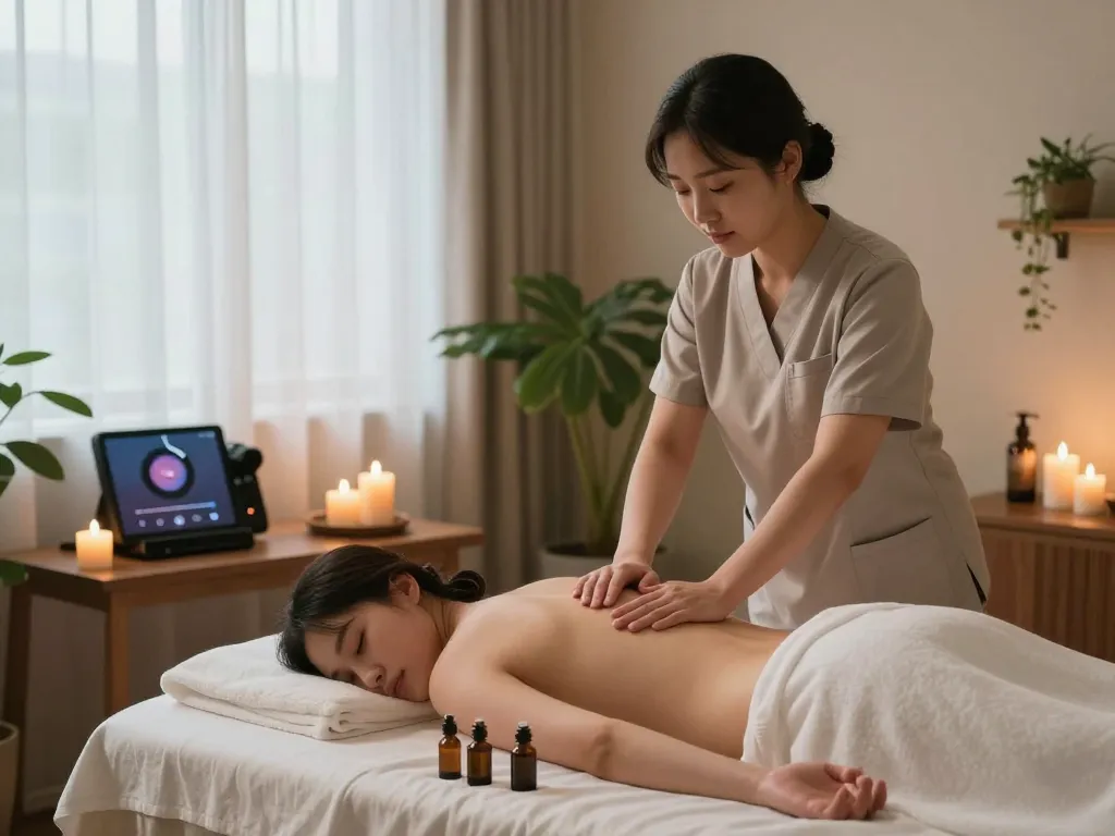 A serene spa massage room prepared for a 동대문스웨디시 session featuring lush greenery, aromatic oils, and soothing ambiance.