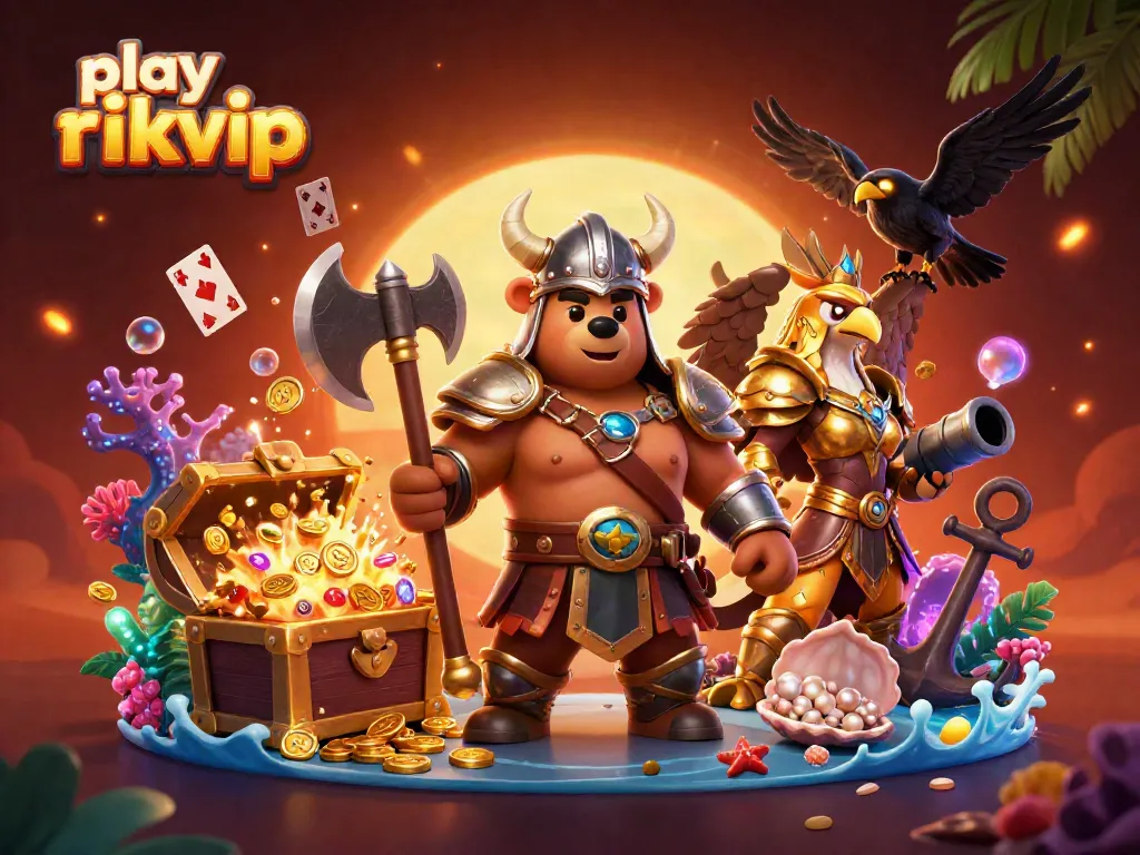 Engage with thrilling games as you play rikvip, featuring a Viking bear and majestic eagle amidst cascading treasure.