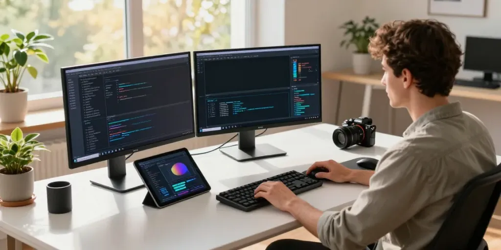Developer coding in a modern workspace, highlighting instant indexing tools and technology.