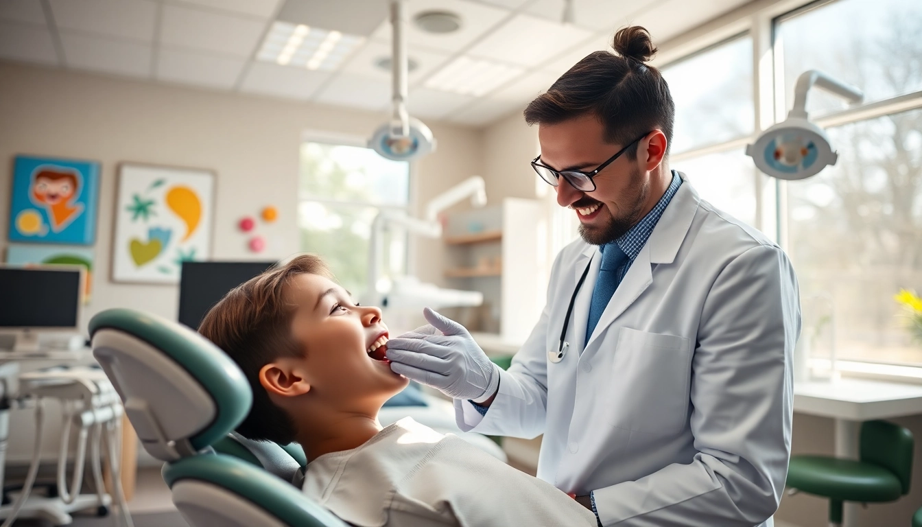 Orthodontics Edmonton: Friendly orthodontist examining a young patient in a modern clinic.