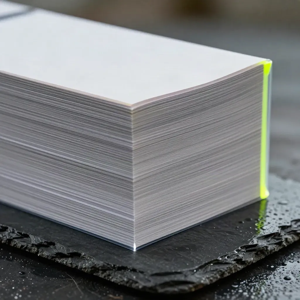 Macro of stacked portrait ad boards with clear edge guards on wet slate, lit with cool condensation and lime reflection.