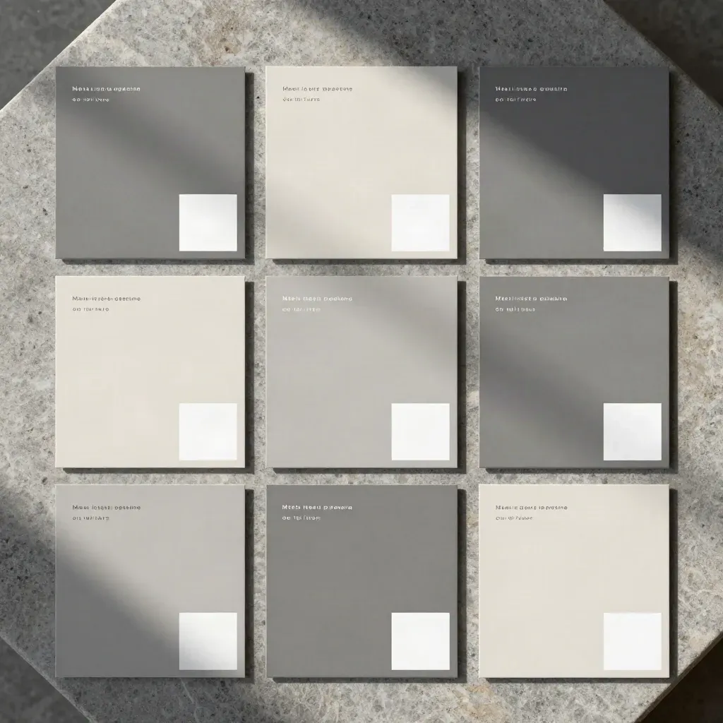 Overhead flatlay of banner mockup cards, story cutdowns and a white proof swatch on stone.