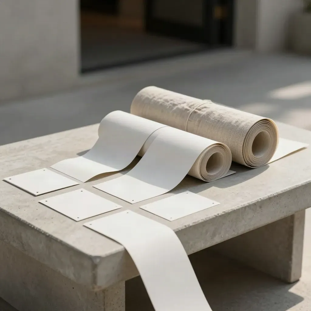 Pale concrete bench with landing-page hero kit mockups beside a shadowed doorway.