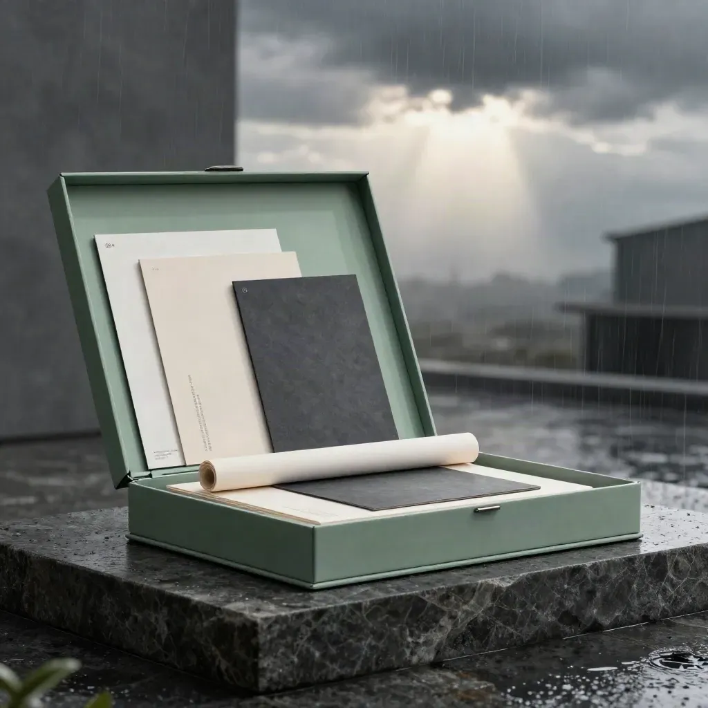 Unbranded ad creative starter kit folio on a dark stone plinth in soft rain light.