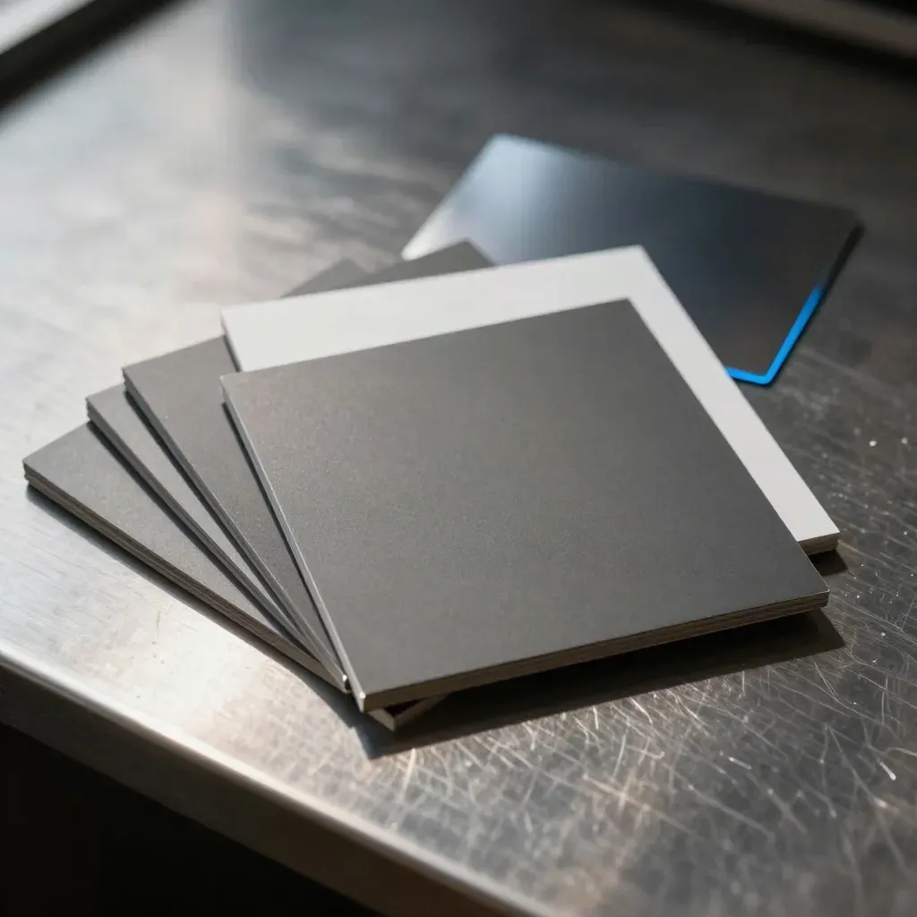 Six square ad mockups fanned on brushed metal under dramatic studio light