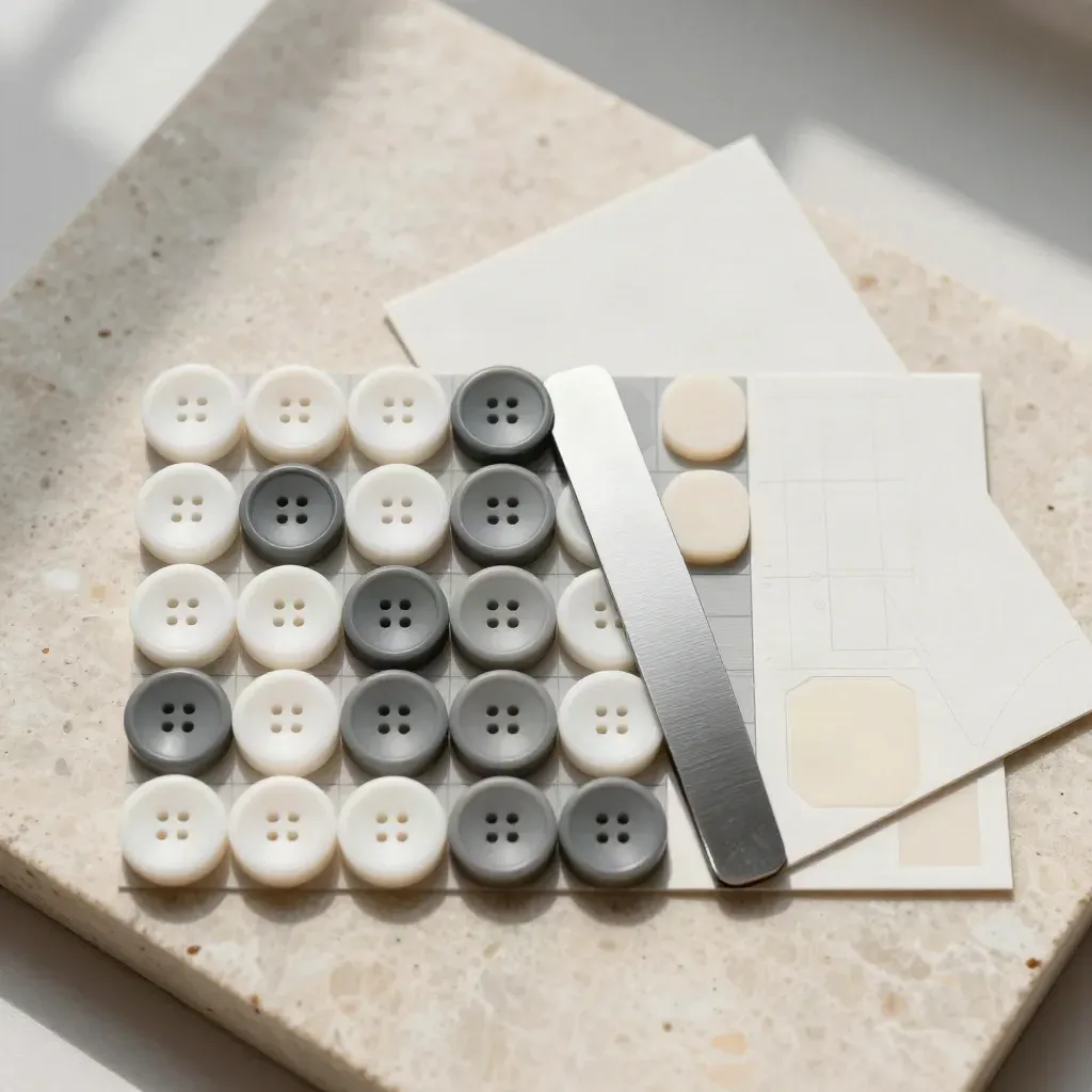 Top-down CTA button kit on travertine with rounded tiles, crop strip, and blank swatch.