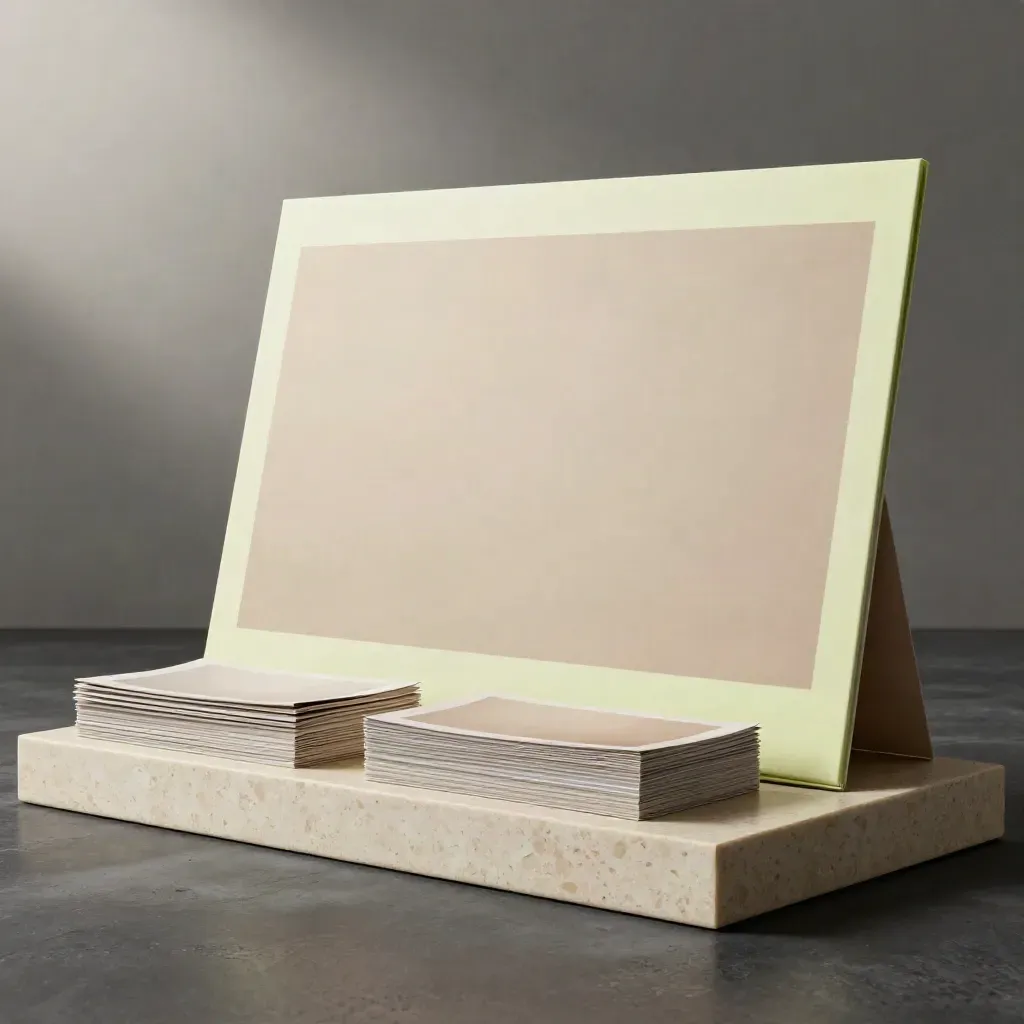 Low-angle hero of an unbranded ad kit with boards, banner stacks, sleeve, and proof piles.