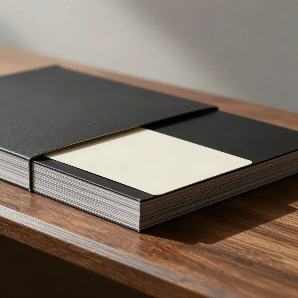 Dark ad board stack with glossy sleeve and a bright proof card on a walnut plinth