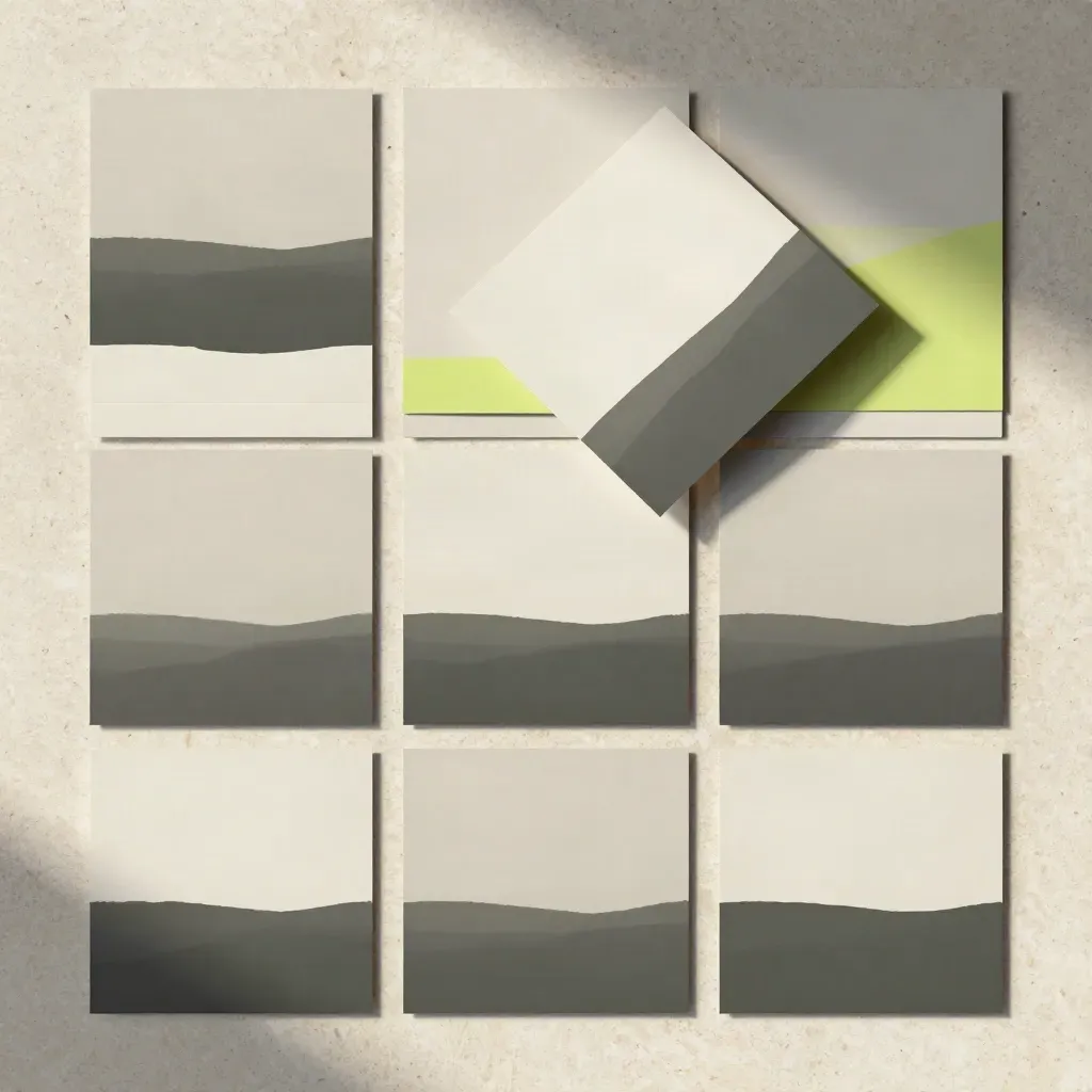 Top-down flatlay of twelve landscape ad mockup cards with two lime spacers on travertine.