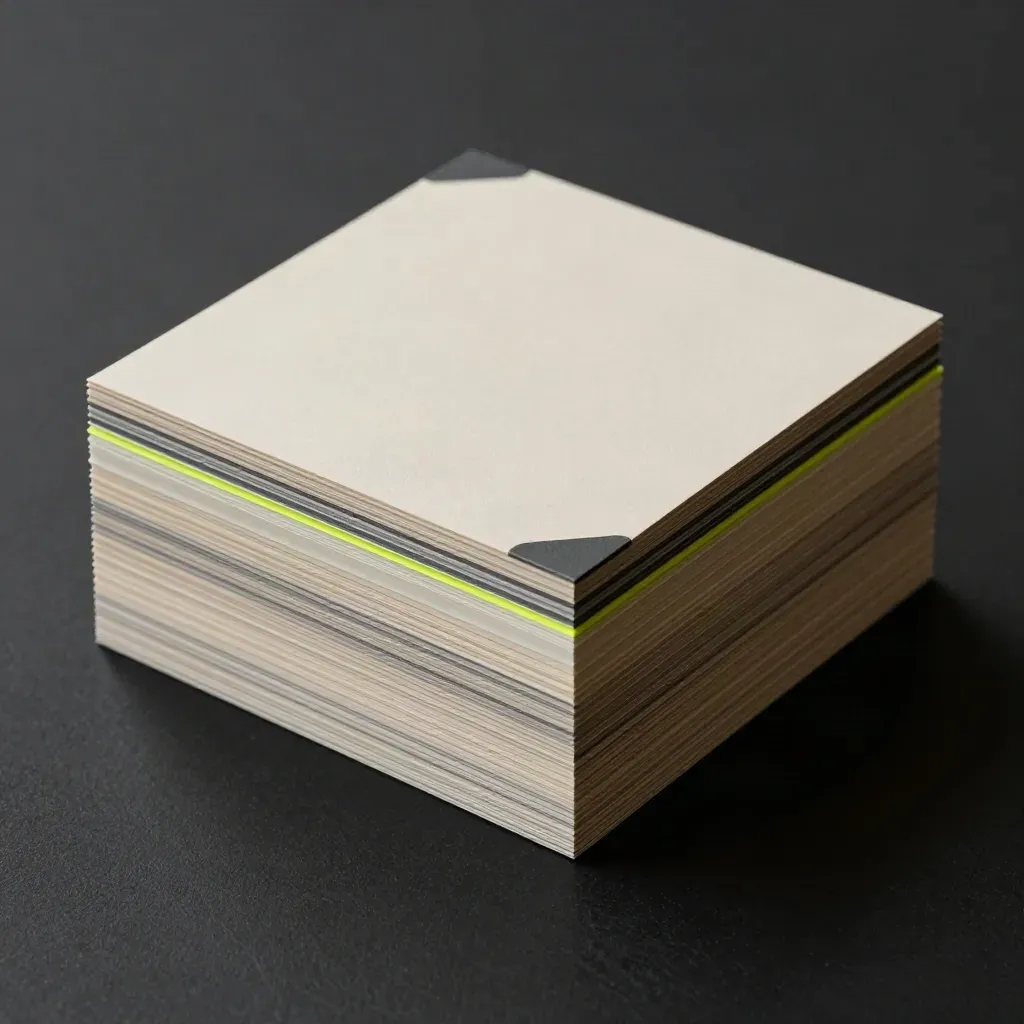 Dark premium ad card stack with spacer bar and corner protector in dramatic studio light