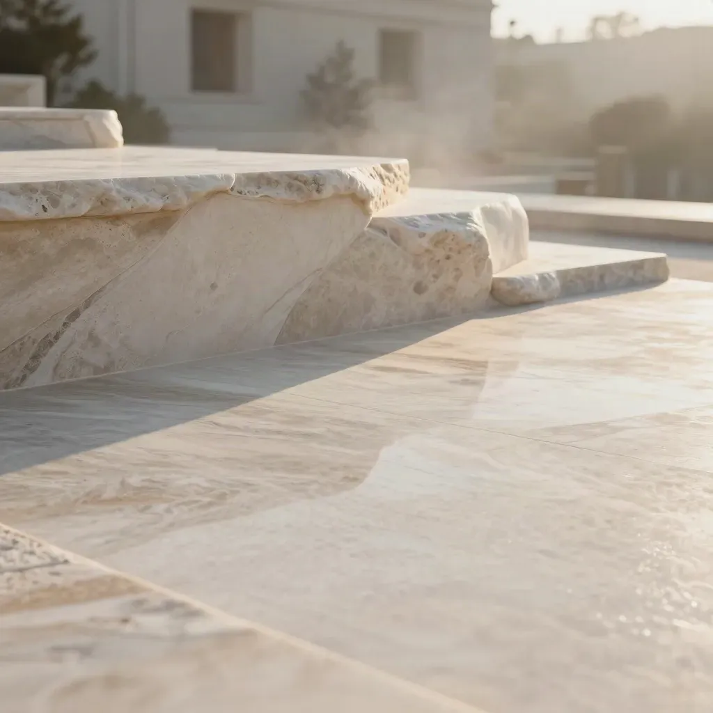 Sunlit travertine terrace with pale abstract panels and calm copy space below
