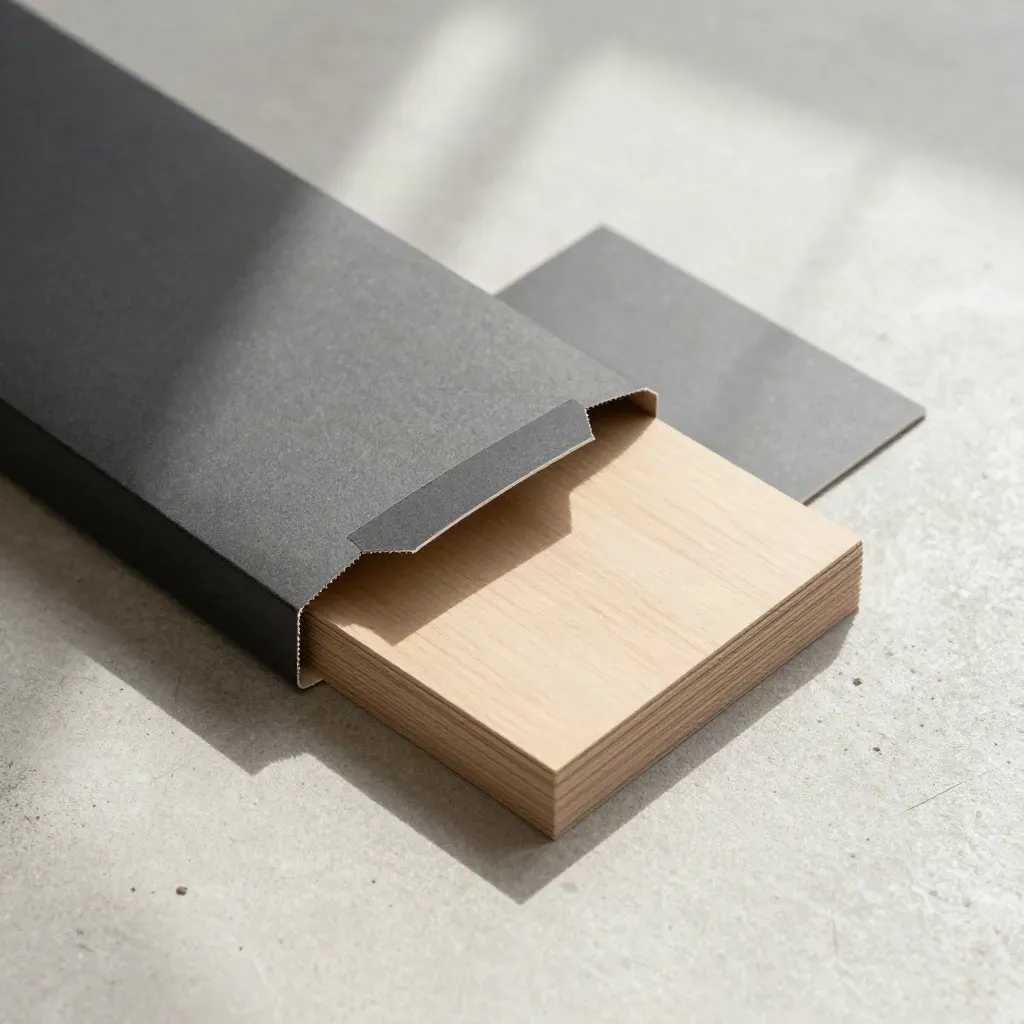 Overhead macro of an unwrapped ecom launch pack with stacked banner boards and a folded tab on concrete.